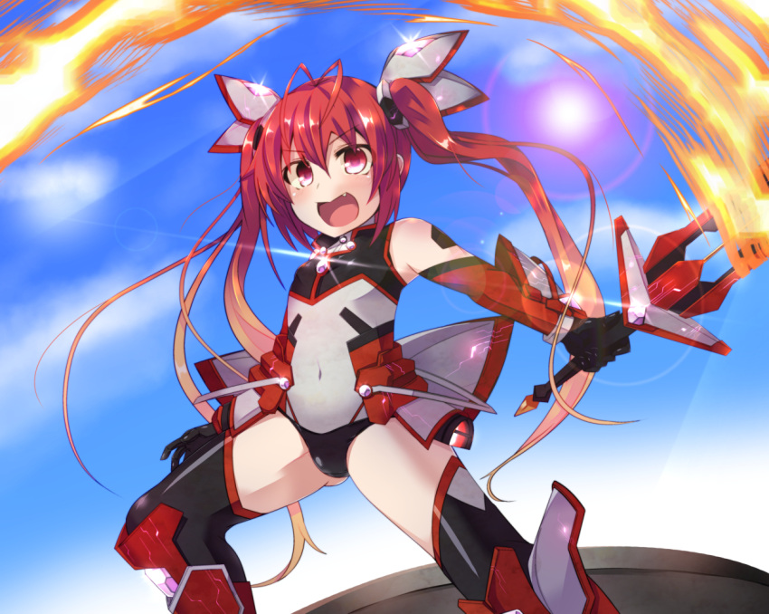 1girl :o black_legwear boots covered_navel elbow_gloves fire gloves knee_boots leotard long_hair mecha_musume ore_twintail_ni_narimasu rando_seru red_eyes redhead solo sword tail_red thigh-highs twintails weapon