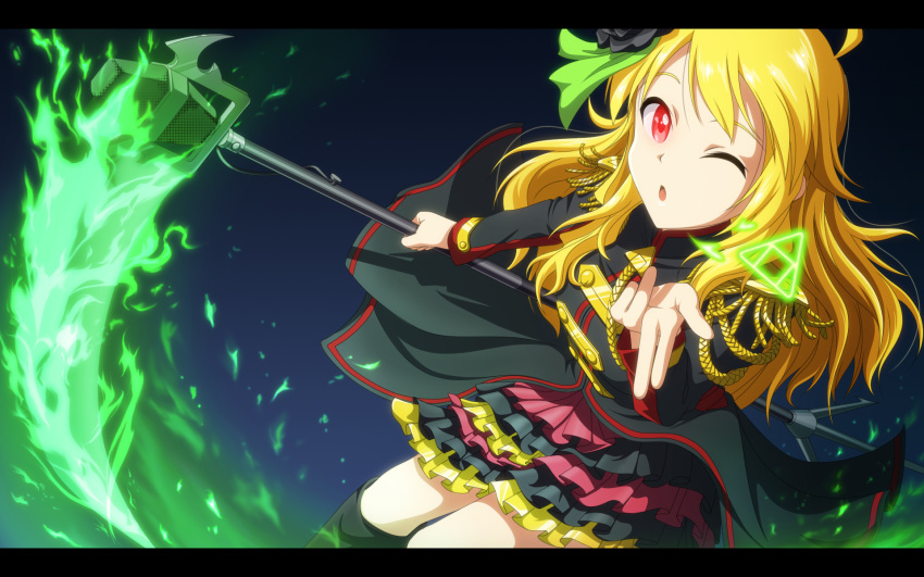 1girl ahoge black_rose blonde_hair blown_kiss boots coattails epaulettes flower frilled_skirt frills glowing glowing_eye glowing_weapon hair_flower hair_ornament hair_ribbon highres hoshii_miki idolmaster idolmaster_movie knee_boots kouchou letterboxed long_hair looking_at_viewer magic magical_girl one_eye_closed red_eyes ribbon rose scythe skirt solo the_sleeping_beauty_(idolmaster) weapon
