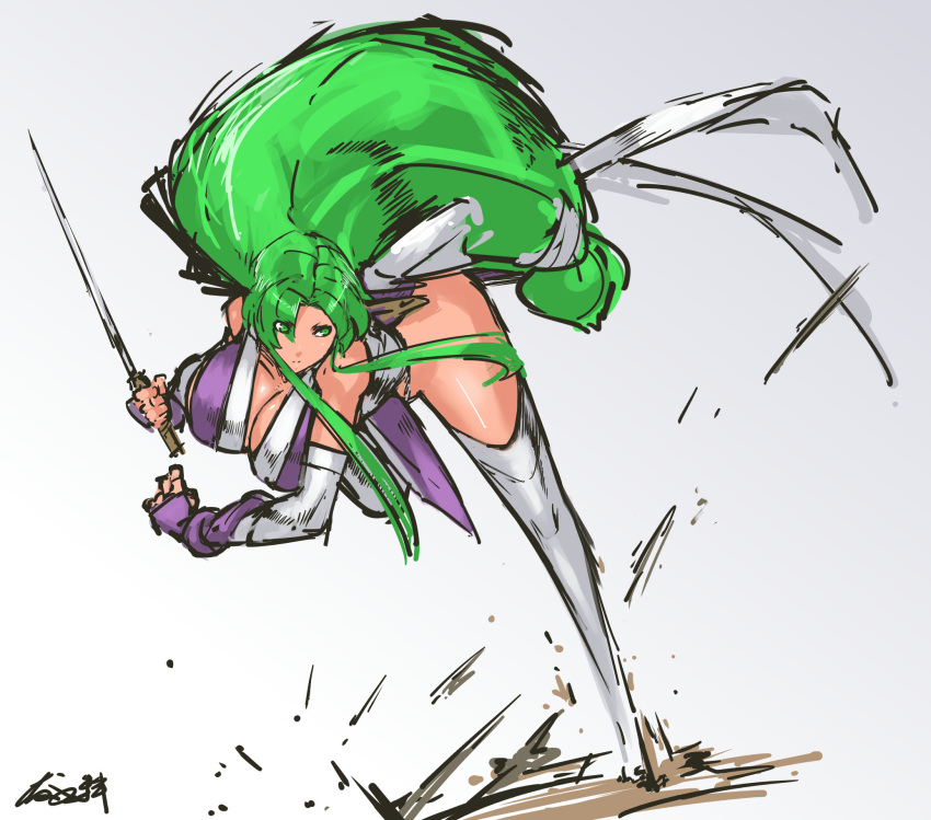 1girl battle bent_over breasts cleavage detached_sleeves fingerless_gloves ganbare_goemon gloves green_eyes green_hair highres japanese_clothes large_breasts long_hair low-tied_long_hair nameo_(judgemasterkou) ninja running solo thigh-highs very_long_hair white_legwear yae_(ganbare_goemon)