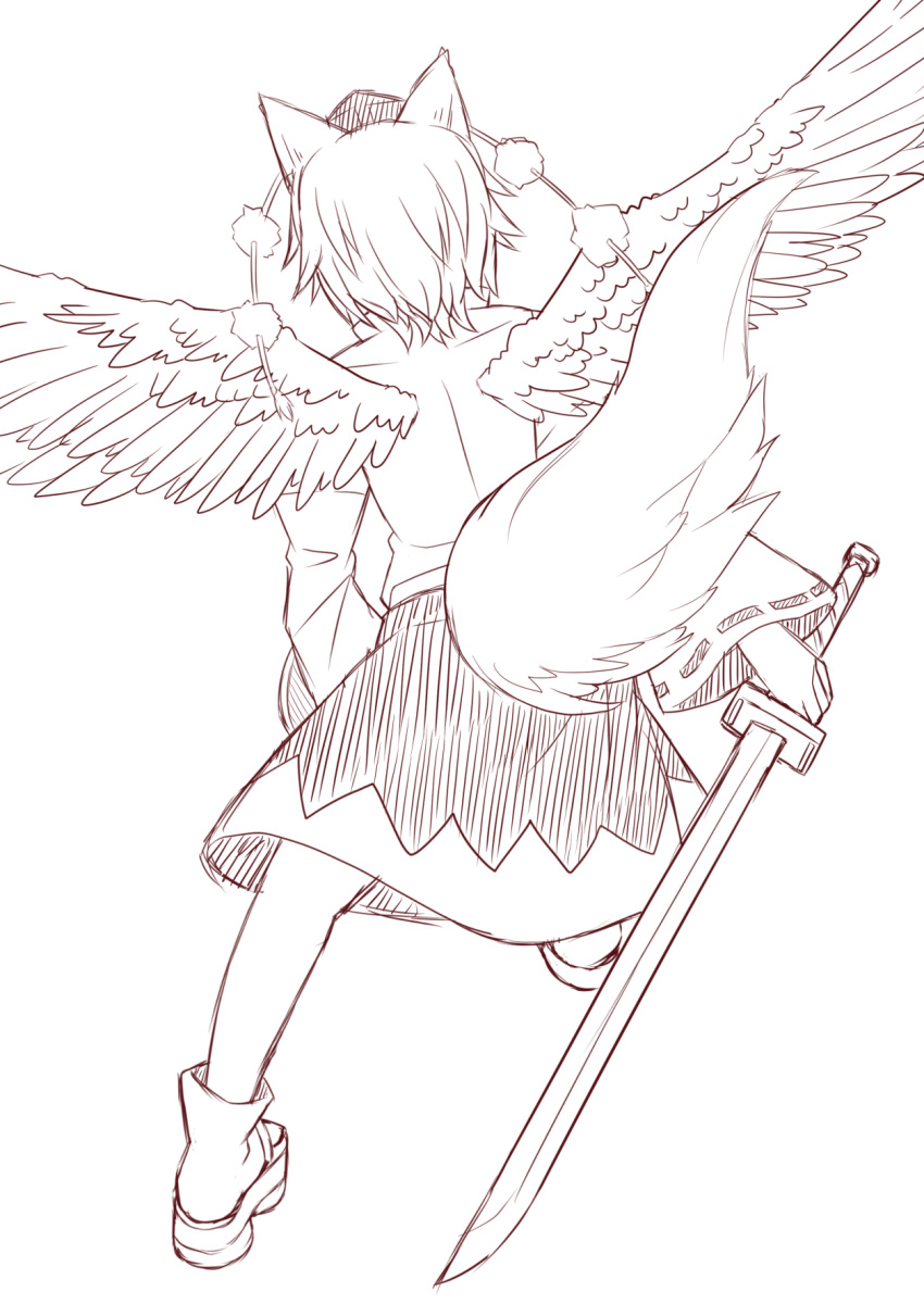 1girl animal_ears ankle_boots bird_wings boots fake_wings from_behind hat highres inubashiri_momiji katana monochrome pom_pom_(clothes) short_hair sketch skirt solo sword tail tanakara tokin_hat touhou weapon wings wolf_ears wolf_tail