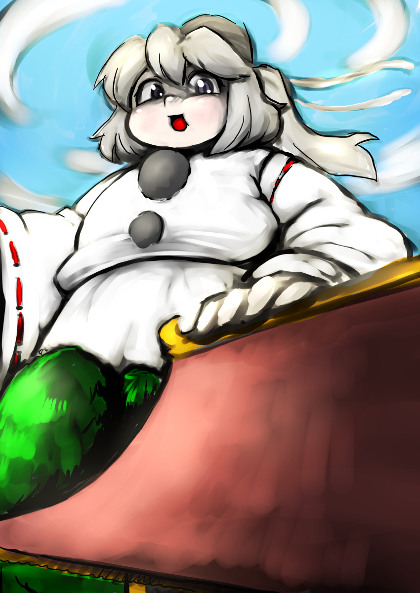 1girl absurdres clouds cloudy_sky fat giantess hat highres long_hair mononobe_no_futo nazotyu open_mouth ponytail silver_hair skirt sky smile solo stay_puft tate_eboshi touhou