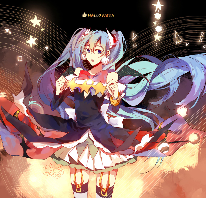 1girl blue_eyes blue_hair dress earrings floating_hair garter_straps halloween hatsune_miku highres jewelry long_hair open_mouth solo star_(symbol) thigh-highs twintails very_long_hair vocaloid yoisy