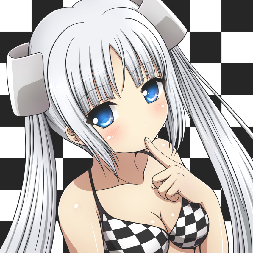 1girl bikini blue_eyes blush breasts checkered checkered_background checkered_bikini finger_to_mouth highres kk-sk-ray long_hair looking_at_viewer miss_monochrome miss_monochrome_(character) solo swimsuit twintails