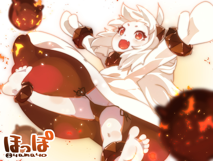1girl :d ahoge black_panties dress gloves horns kantai_collection long_hair mittens northern_ocean_hime open_mouth outstretched_arms panties red_eyes shinkaisei-kan side-tie_panties smile spread_arms super_zombie translation_request twitter_username underwear white_dress white_hair white_skin