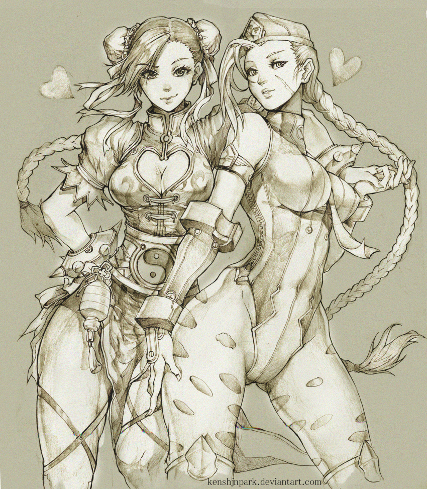 2girls ahoge alternate_costume beret between_breasts bracelet braid breasts cammy_white china_dress chinese_clothes chun-li cleavage cleavage_cutout contrapposto fingerless_gloves gloves greyscale hand_on_hip hat heart_cutout highres holding_hands huge_ahoge interlocked_fingers jewelry kenshjn_park leotard long_hair looking_at_viewer monochrome multiple_girls necktie necktie_between_breasts over-kneehighs puffy_short_sleeves puffy_sleeves ribbed_leotard ribbon scar short_sleeves spiked_bracelet spikes street_fighter street_fighter_zero thigh-highs thigh_ribbon twin_braids yin_yang yuri