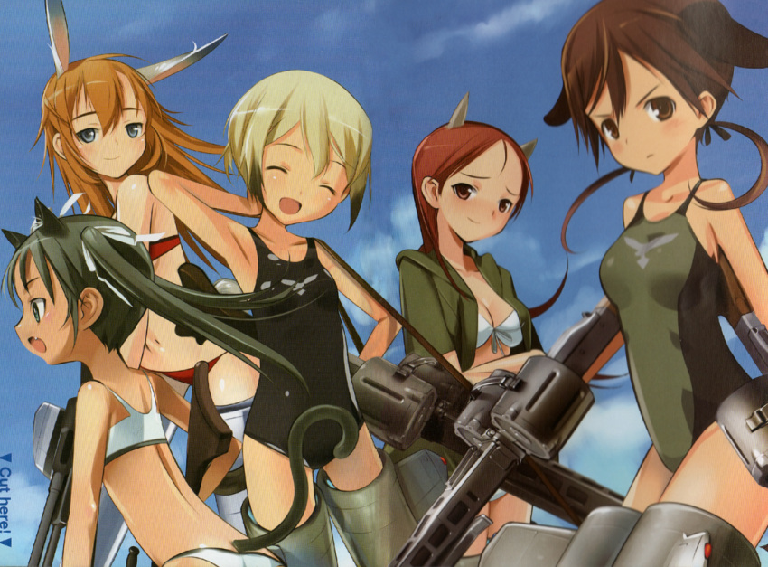 5girls animal_ears bikini blonde_hair blue_eyes brown_eyes brown_hair charlotte_e_yeager closed_eyes dog_ears erica_hartmann fang francesca_lucchini gertrud_barkhorn green_eyes green_hair long_hair minna-dietlinde_wilcke multiple_girls one-piece_swimsuit open_mouth orange_hair rabbit_ears red_eyes redhead short_hair strike_witches swimsuit tail twintails wolf_ears
