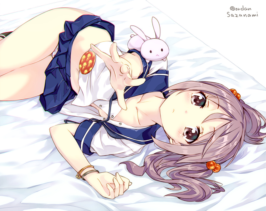 1girl amagai_tarou bangs bed_sheet blush bracelet breasts brown_eyes brown_hair collarbone cowboy_shot dutch_angle expressionless foreshortening hair_between_eyes hair_bobbles hair_ornament jewelry kantai_collection legs looking_at_viewer lying midriff no_bra on_side open_clothes outstretched_hand panties pantyshot pantyshot_(lying) print_panties rabbit sazanami_(kantai_collection) school_uniform serafuku shiny shiny_clothes shiny_hair shiny_skin short_hair skirt skirt_lift solo strawberry_panties strawberry_print tareme twintails twitter_username unbuttoned underwear white_panties