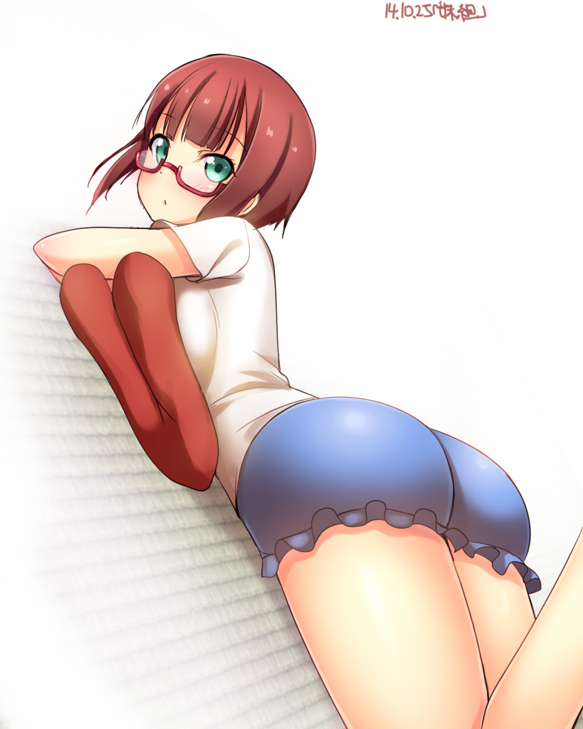 1girl aqua_eyes ass brown_hair dated glasses highres kousaka_yukiho looking_at_viewer love_live!_school_idol_project lying on_stomach red-framed_glasses semi-rimless_glasses short_hair solo thighs under-rim_glasses yu-ta