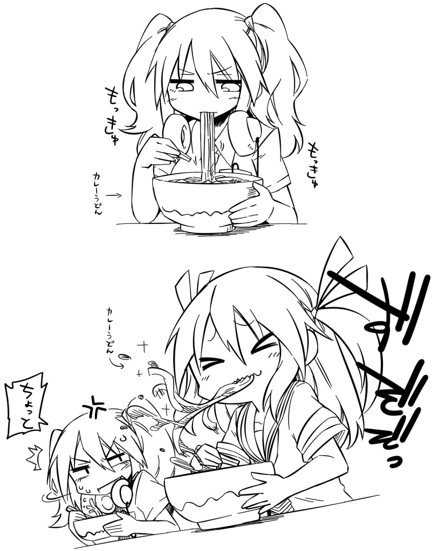 &gt;_&lt; 2girls anger_vein ann_price blush bowl breasts chankodining_waka cleavage curry_udon eating headphones highres large_breasts long_hair messy monochrome multiple_girls original sketch slurping twintails two_side_up