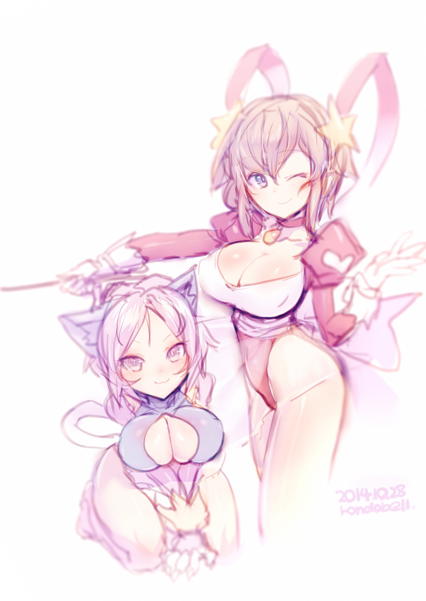 2girls absurdres animal_ears blue_eyes breasts cat_ears cat_tail character_request cleavage copyright_request hair_ornament highres multiple_girls one_eye_closed purple_hair rabbit_ears redhead rondo_bell tagme tail violet_eyes