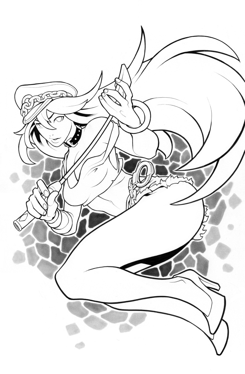 1girl absurdres bangle bare_shoulders bracelet breasts cleavage collar crop_top cuffs cutoffs edwin_huang final_fight handcuffs hat high_heels highres jewelry lineart long_hair long_legs midriff monochrome peaked_cap poison_(final_fight) riding_crop short_shorts shorts solo strap_slip