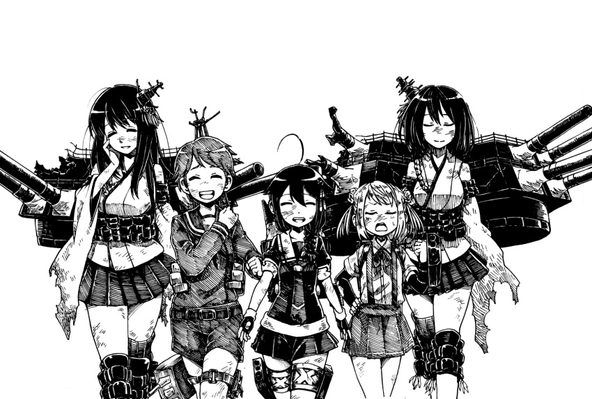 ascot bare_shoulders detached_sleeves double_bun epaulettes fusou_(kantai_collection) gouta_(nagishiro6624) hair_ornament highres japanese_clothes kantai_collection long_hair michishio_(kantai_collection) miko mogami_(kantai_collection) monochrome multiple_girls nontraditional_miko school_uniform shigure_(kantai_collection) short_hair short_twintails skirt suspenders torn_clothes twintails yamashiro_(kantai_collection)