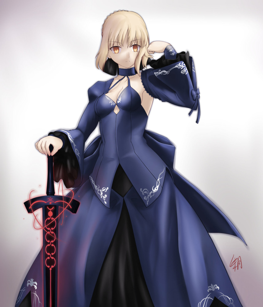 1girl blonde_hair dark_excalibur detached_sleeves dress fate/stay_night fate_(series) gown hand_on_sword highres mp31097 planted_sword planted_weapon saber saber_alter solo sword weapon yellow_eyes