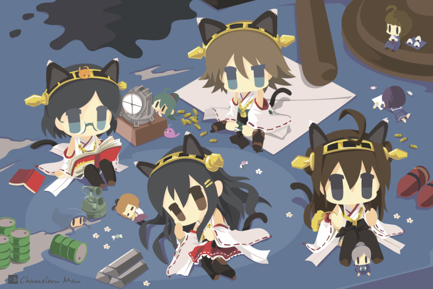 6+girls ahoge ammunition animal_ears artillery artist_name barrel black_eyes black_hair blue_eyes brown_hair cat_ears cat_tail chameleon_man_(three) chibi closed_eyes detached_sleeves fairy_(kantai_collection) food glasses hair_ornament hairband hairclip haruna_(kantai_collection) hiei_(kantai_collection) kantai_collection kemonomimi_mode kirishima_(kantai_collection) kongou_(kantai_collection) long_hair lying multiple_girls nontraditional_miko onigiri purple_hair reading school_uniform serafuku short_hair silver_hair sitting tail