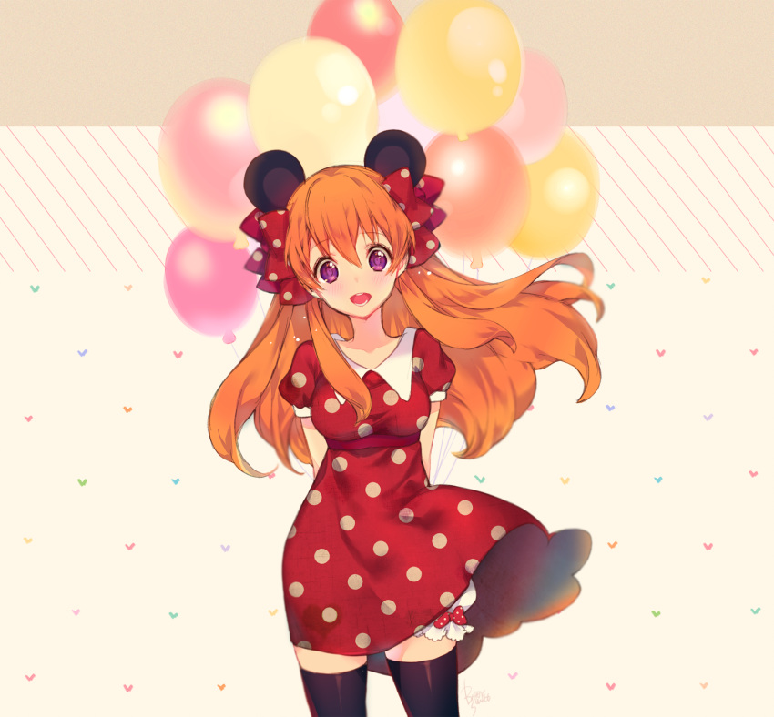 1girl :d animal_ears arms_behind_back balloon bittersweet_(dalcoms) black_legwear bloomers blush bow cowboy_shot cute disney dress gekkan_shoujo_nozaki-kun hair_bow highres long_hair looking_at_viewer mickey_mouse_(series) minnie_mouse minnie_mouse_(cosplay) mouse_ears open_mouth orange_hair polka_dot polka_dot_bow polka_dot_dress sakura_chiyo smile solo thigh-highs underwear