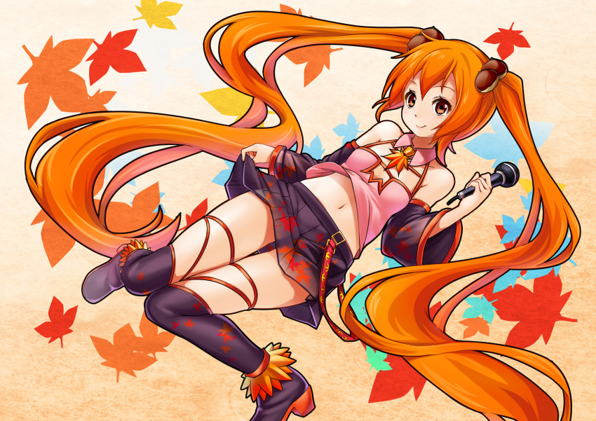 1girl acorn alternate_costume alternate_eye_color alternate_hair_color autumn boots detached_sleeves hair_ornament hatsune_miku highres long_hair microphone miu_(angelo_whitechoc) navel orange_eyes orange_hair skirt smile solo thigh-highs thigh_boots twintails very_long_hair vocaloid