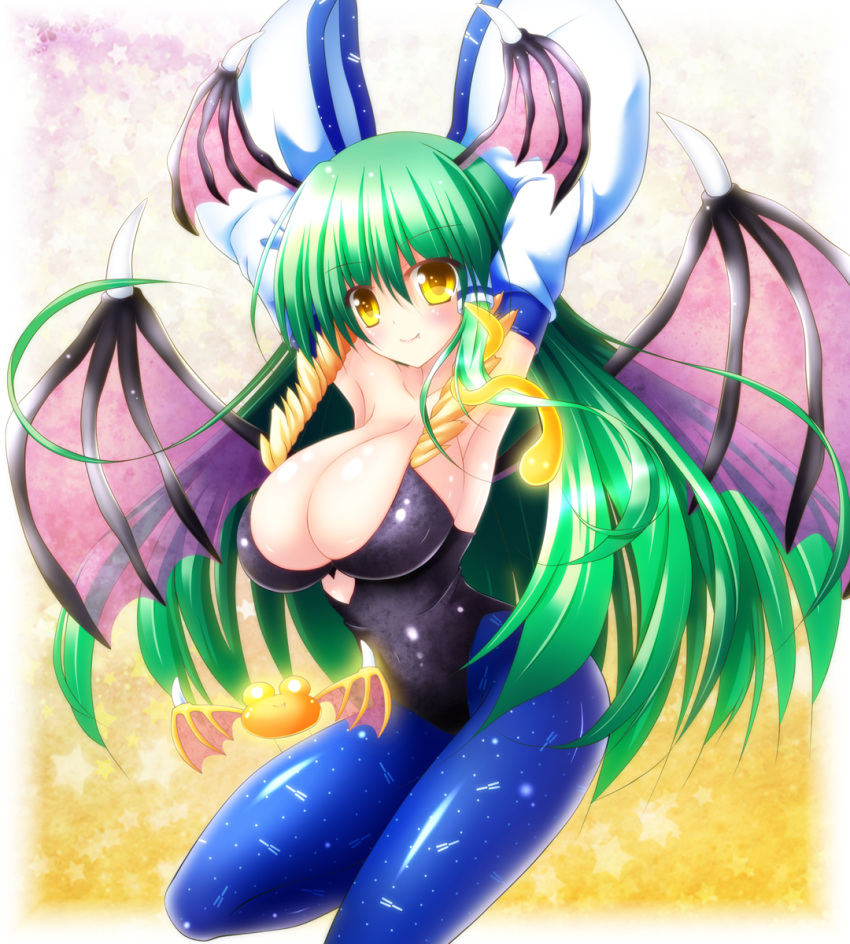 1girl armpits arms_up bat blue_legwear blush breasts cosplay cowboy_shot darkstalkers demon_wings detached_sleeves fang frog green_hair hair_ornament head_wings highres kochiya_sanae large_breasts leg_up long_hair looking_at_viewer morrigan_aensland morrigan_aensland_(cosplay) osashin_(osada) pantyhose smile snake_hair_ornament solo touhou vampire_(game) wings yellow_eyes