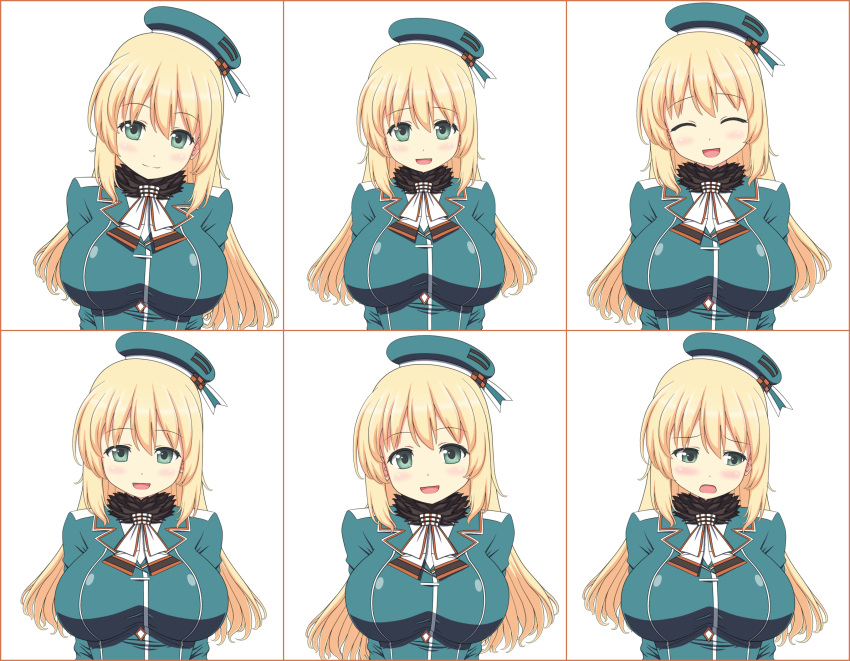 1girl atago_(kantai_collection) beret blonde_hair breasts bryanz09 emofuri expressions green_eyes hat highres kantai_collection large_breasts long_hair military military_uniform simple_background smile solo uniform white_background