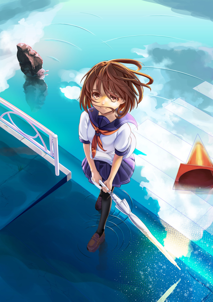 1girl absurdres brown_eyes brown_hair emuki_(armies_soul) highres original pantyhose parasol school_uniform serafuku sky solo traffic_cone umbrella