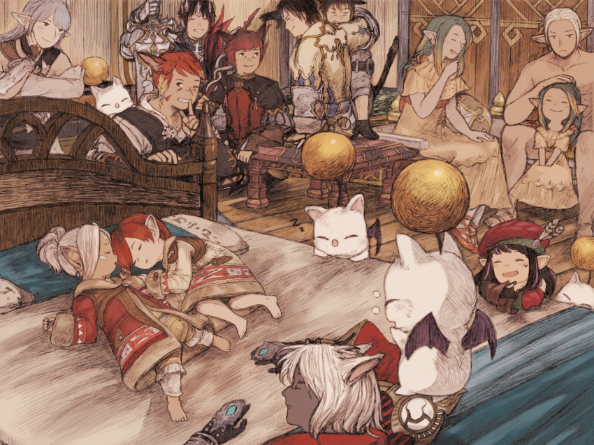 6+boys 6+girls animal_ears arm_around_shoulder armor barefoot bed black_hair blush braid brown_hair child closed_eyes door dress earrings elezen elf facial_mark final_fantasy final_fantasy_xiv frown gloves grin hand_on_another's_head hat hat_feather heart hyur indoors jewelry lalafell laughing long_hair looking_at_another looking_at_viewer lying maekakekamen miqo'te moogle multiple_boys multiple_girls on_bed open_mouth pillow pointy_ears redhead robe short_hair silver_hair sitting sleeping smile sword tail weapon white_hair wings zzz