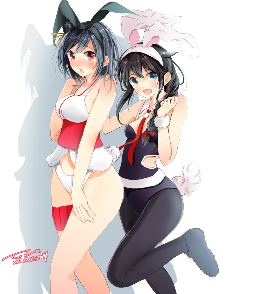 2girls adapted_costume animal_ears bare_shoulders black_hair black_legwear blue_eyes braid breasts brown_hair bunny_tail bunnysuit cleavage highres kantai_collection leotard long_hair multiple_girls obi open_mouth pantyhose rabbit_ears red_eyes sash shigure_(kantai_collection) short_hair single_braid smile tail tbd11 wrist_cuffs wristband yamashiro_(kantai_collection)