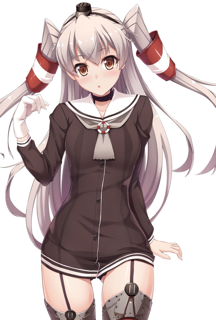1girl absurdres amatsukaze_(kantai_collection) black_panties blush brown_eyes choker fujirin garter_straps gloves hair_tubes highres kantai_collection long_hair looking_at_viewer navel panties school_uniform see-through serafuku side-tie_panties silver_hair simple_background single_glove small_breasts solo thigh-highs twintails two_side_up underwear white_background