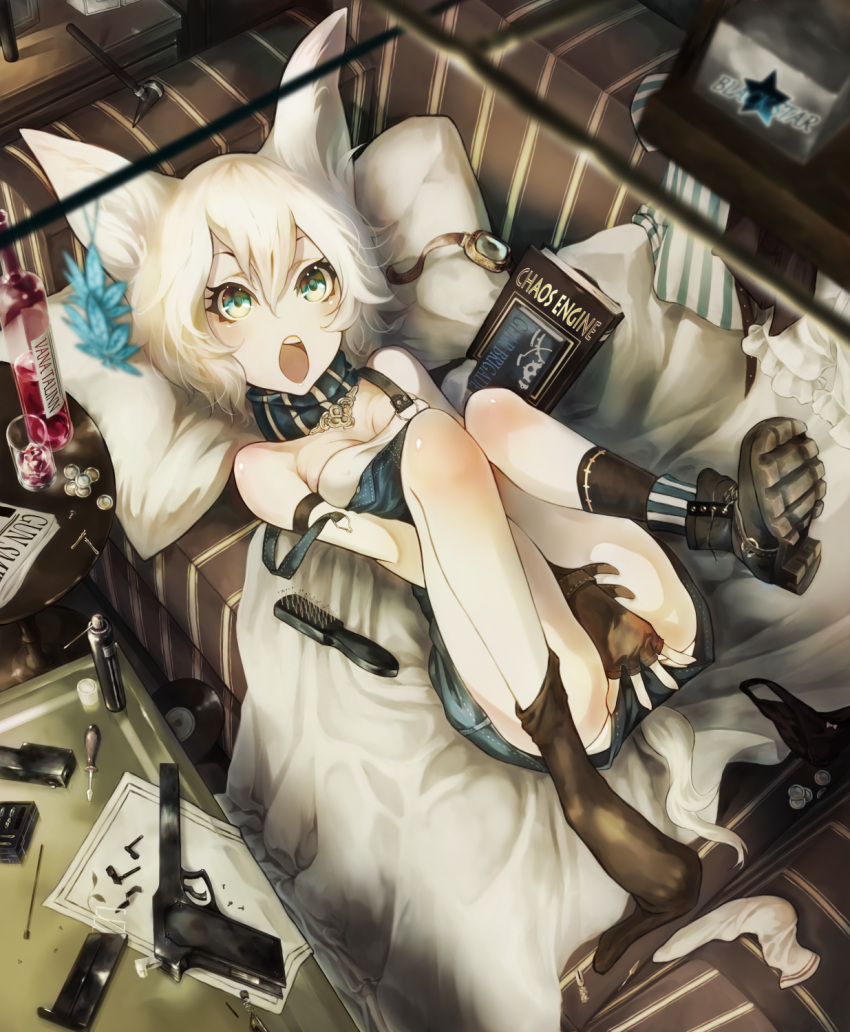 1girl :o akakitsu alcohol animal_ears bare_shoulders bed between_legs black_legwear black_panties blonde_hair blurry book boots bow bow_panties breasts cd cleavage clothes_removed couch covering covering_crotch depth_of_field detached_collar english eyelashes fingerless_gloves fox_ears glass gloves goggles goggles_removed green_eyes gun hair_between_eyes hair_brush hammer hand_between_legs handgun highres legs_up looking_at_viewer lying magazine_(weapon) newspaper off_shoulder on_back open_mouth original overall_skirt panties panties_removed pillow scarf screwdriver short_hair sock_dangle socks solo table tail underwear weapon white_hair wine_bottle