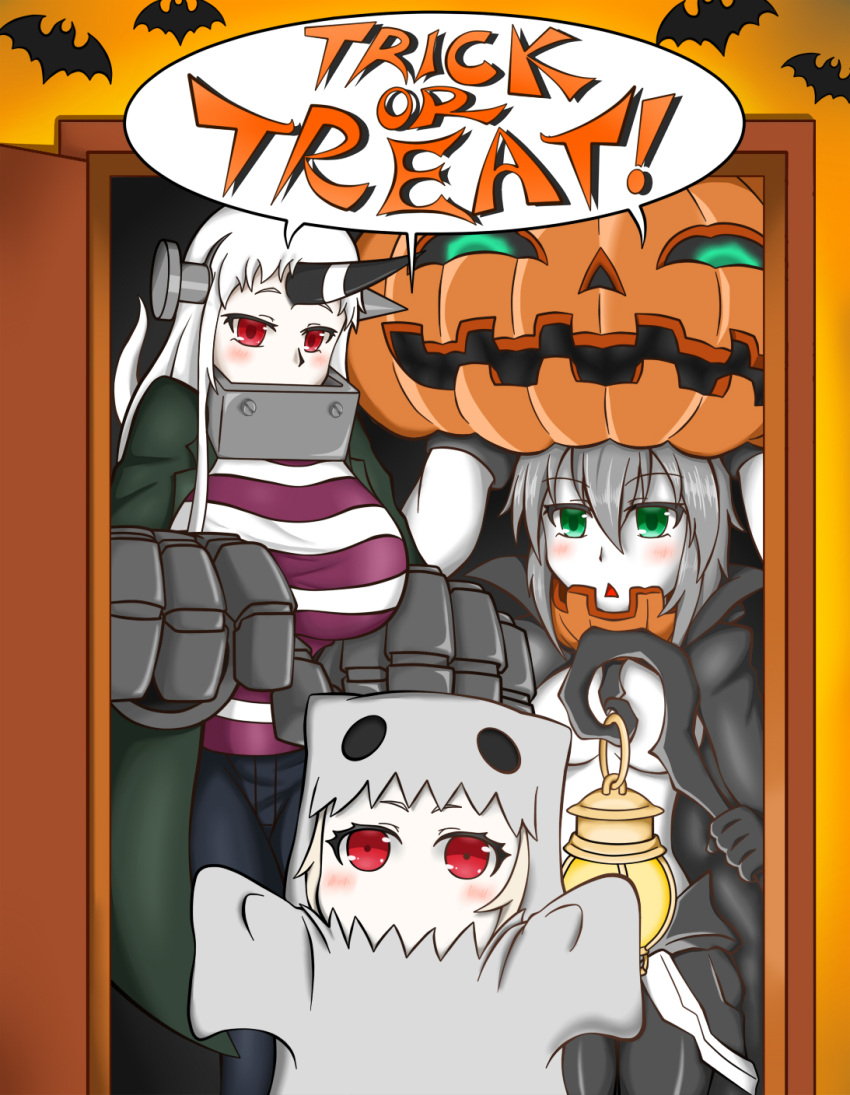 alternate_costume bat breasts cape frankenstein's_monster_(cosplay) ghost_costume green_eyes halloween headgear height_difference highres holding horn jack-o'-lantern kantai_collection lantern long_hair northern_ocean_hime red_eyes sang_youmu seaport_hime shinkaisei-kan silver_hair staff triangle_mouth trick_or_treat white_hair white_skin wo-class_aircraft_carrier
