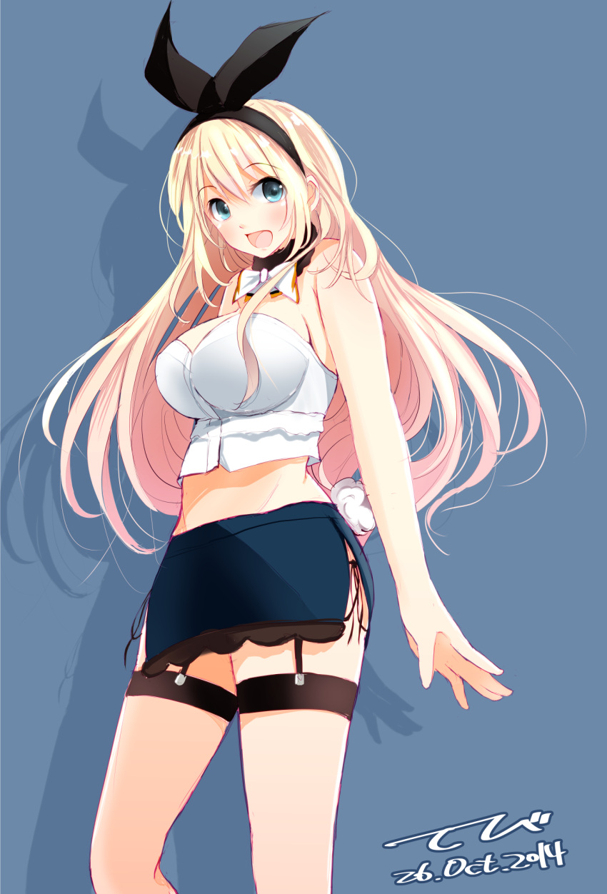 1girl adapted_costume arms_at_sides atago_(kantai_collection) blonde_hair blue_eyes blue_skirt breasts choker crop_top garter_straps hairband highres kantai_collection large_breasts long_hair looking_at_viewer miniskirt off_shoulder open_mouth pencil_skirt ribbon_choker side_slit skirt tbd11 thigh-highs zettai_ryouiki