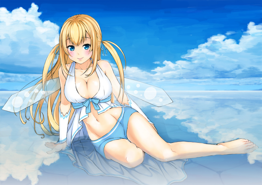 amagi_brilliant_park april_4 arm_support barefoot blonde_hair blue_eyes breasts cleavage legs long_hair mound_of_venus navel short_shorts shorts sitting smile sylphy_(amaburi) twintails two_side_up wings