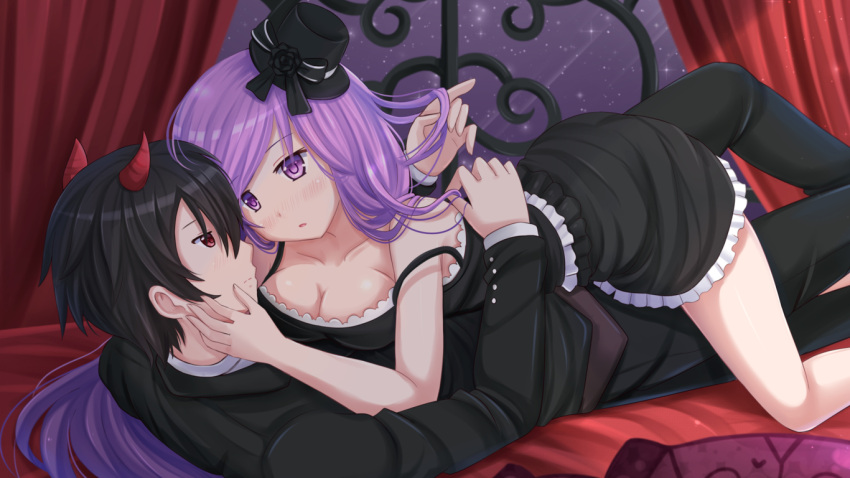 1boy 1girl black_hair blush breasts cleavage dress eye_contact formal girl_on_top hand_on_another's_face hat horns incipient_kiss kazenokaze large_breasts long_hair looking_at_another off_shoulder open_mouth original playing_with_another's_hair purple_hair red_eyes tuxedo violet_eyes
