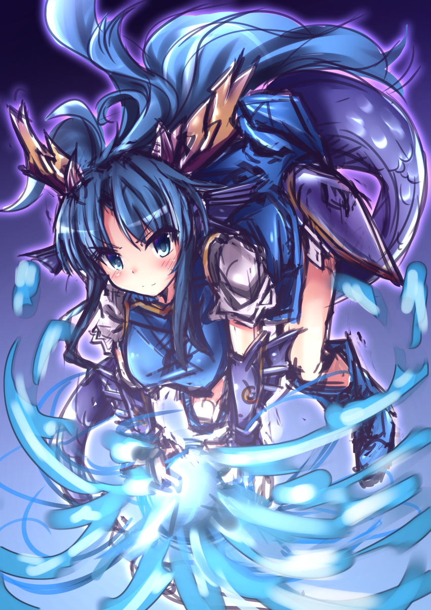 &gt;:) 1girl ankle_boots armor blue_dress blue_eyes blue_hair blush boots china_dress chinese_clothes dragon_girl dragon_horns dragon_tail dress energy_ball female head_fins highres horns karin_(p&amp;d) long_hair purple_background puzzle_&amp;_dragons samoore short_sleeves smile solo tail