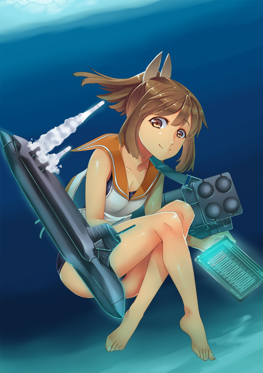 1girl bare_shoulders brown_eyes brown_hair hiememiko highres i-401_(kantai_collection) kantai_collection looking_at_viewer ponytail school_swimsuit short_hair short_ponytail submarine swimsuit swimsuit_under_clothes torpedo underwater