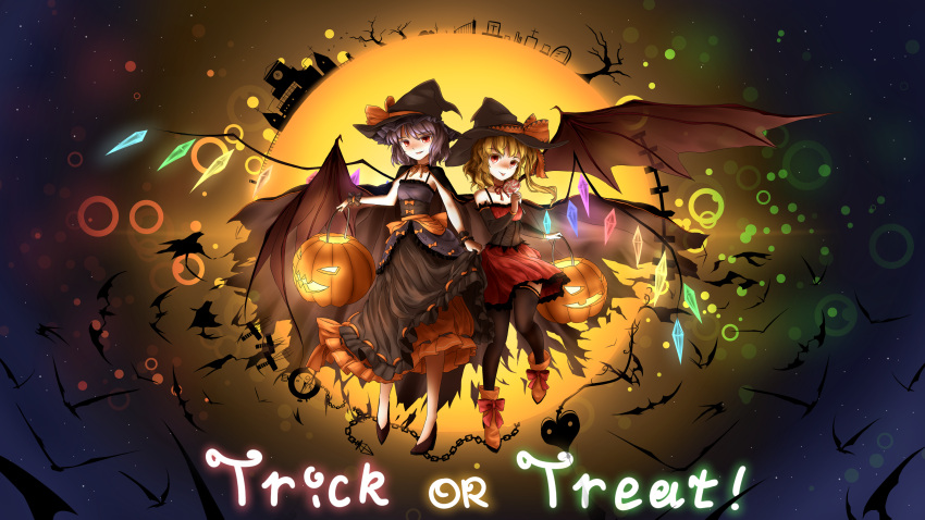absurdres bat bat_wings blonde_hair blue_hair boots bow candy crystal english fence flandre_scarlet frills halloween hat highres jack-o'-lantern lollipop moon pumpkin red_eyes remilia_scarlet scarlet_devil_mansion tombstone touhou tree watch wings witch_hat