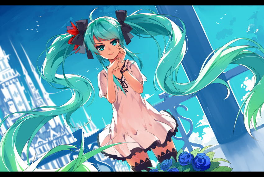 1girl ahoge aqua_eyes aqua_hair baisi_shaonian blue_rose bracelet dress dutch_angle floating_hair flower hatsune_miku highres jewelry letterboxed long_hair rose smile solo thigh-highs twintails very_long_hair vocaloid world_is_mine_(vocaloid)