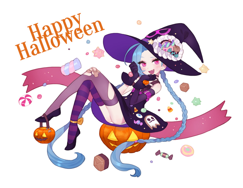 1girl :d asymmetrical_legwear black_gloves blue_hair braid candy crossed_bandaids crossed_legs fang gloves gwayo happy_halloween hat jack-o'-lantern jinx_(league_of_legends) league_of_legends long_hair looking_at_viewer open_mouth pink_eyes smile solo striped striped_legwear thigh-highs twin_braids very_long_hair white_background witch_hat
