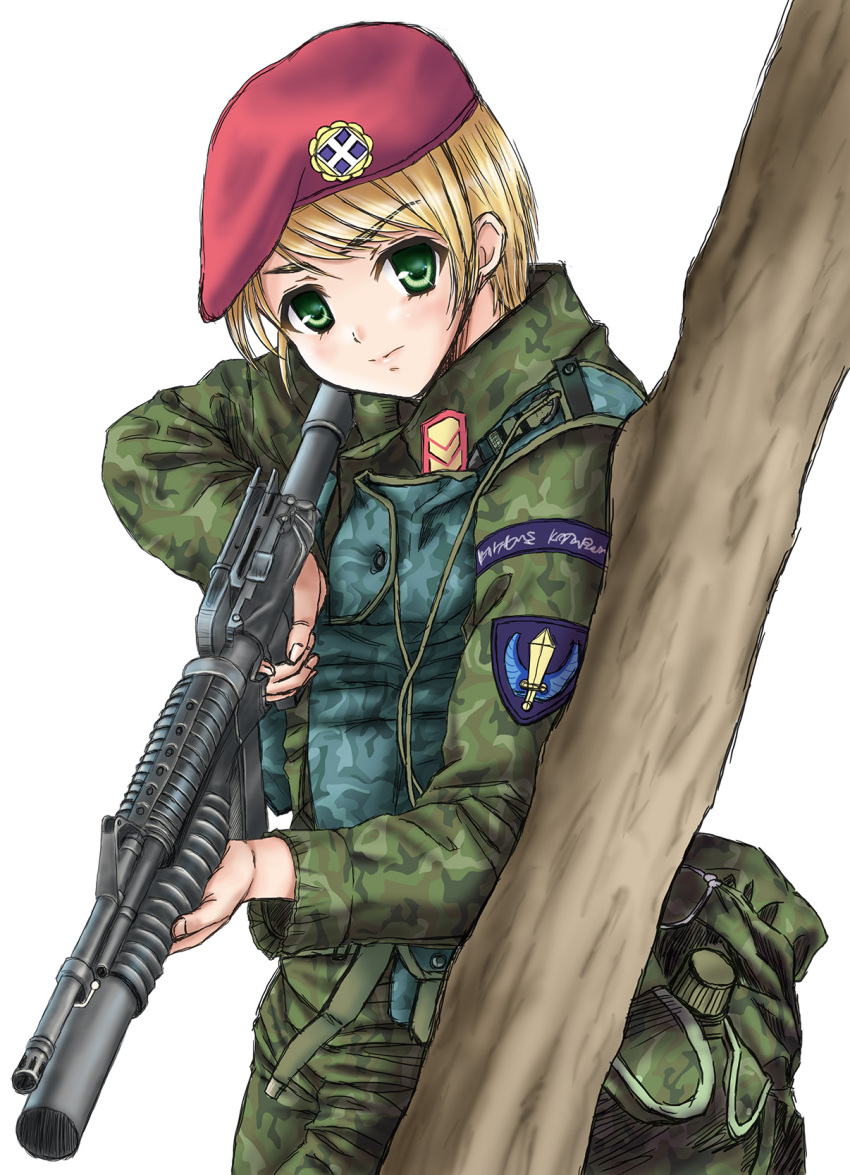 1girl assault_rifle beret blonde_hair camouflage canteen finger_on_trigger green_eyes grenade_launcher gun hat highres load_bearing_vest looking_at_viewer m203 m4_carbine military military_uniform mizuki_reira original patch rifle short_hair simple_background sketch soldier solo tree underbarrel_grenade_launcher uniform weapon white_background