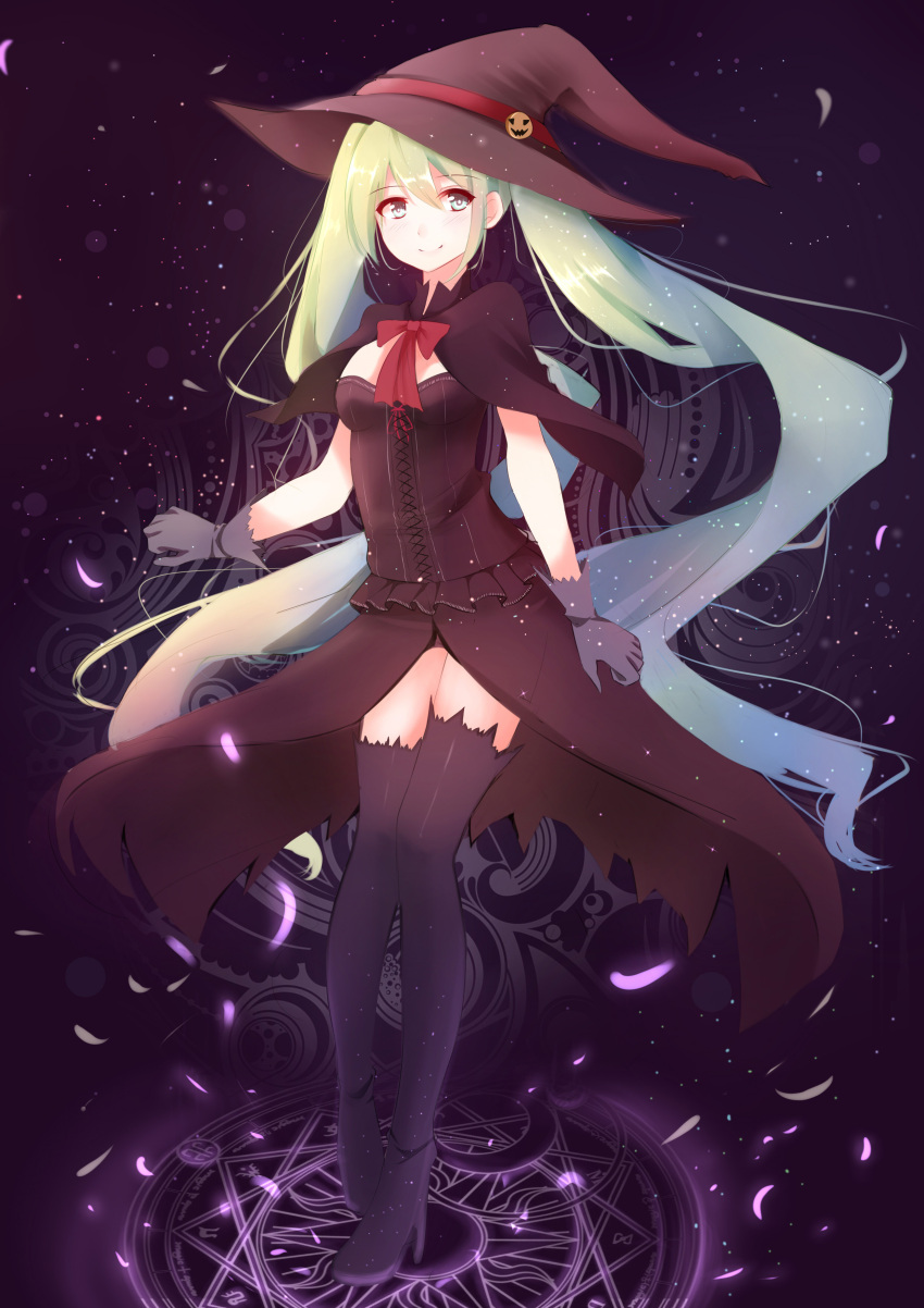 1girl absurdres boots gloves green_eyes green_hair halloween hat hatsune_miku highres long_hair magic_circle night shiguru skirt smile solo thigh-highs thigh_boots twintails very_long_hair vocaloid witch_hat
