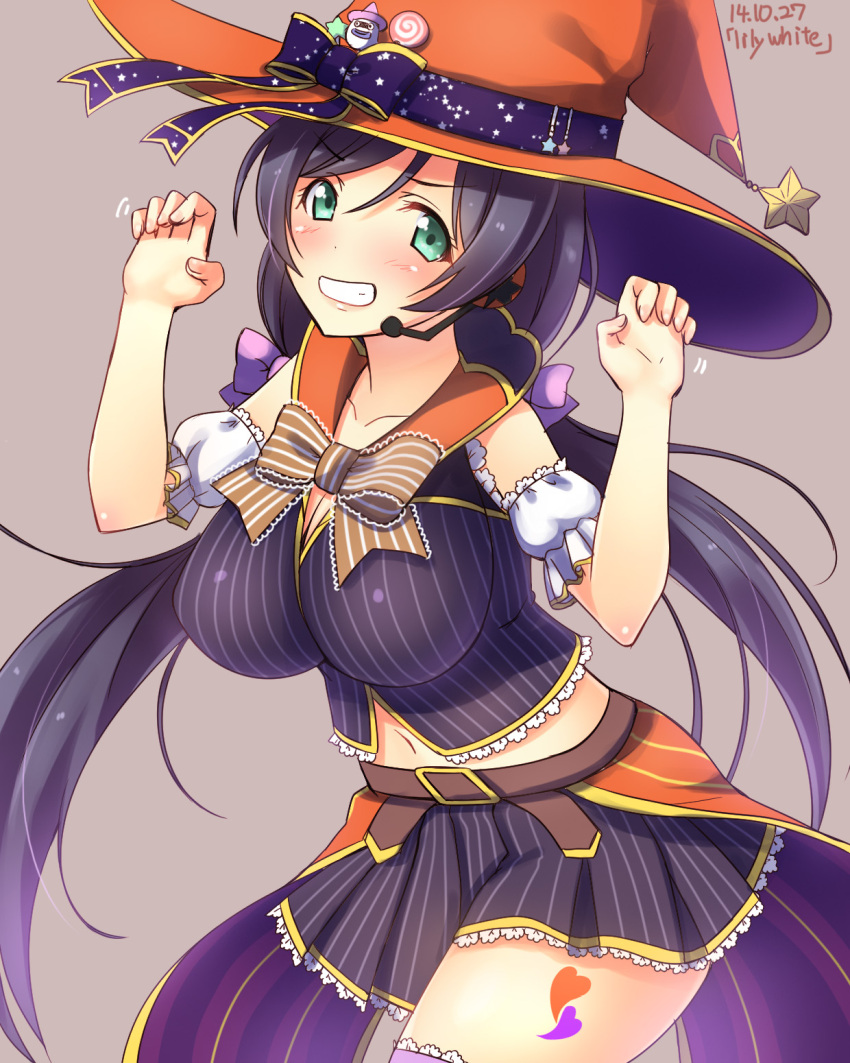 1girl aqua_eyes breasts detached_sleeves disguise grin halloween hat highres impossible_clothes large_breasts long_hair looking_at_viewer love_live!_school_idol_project miniskirt paw_pose purple_hair purple_legwear purple_shirt skirt smile solo thigh-highs toujou_nozomi twintails very_long_hair witch_hat yu-ta zettai_ryouiki