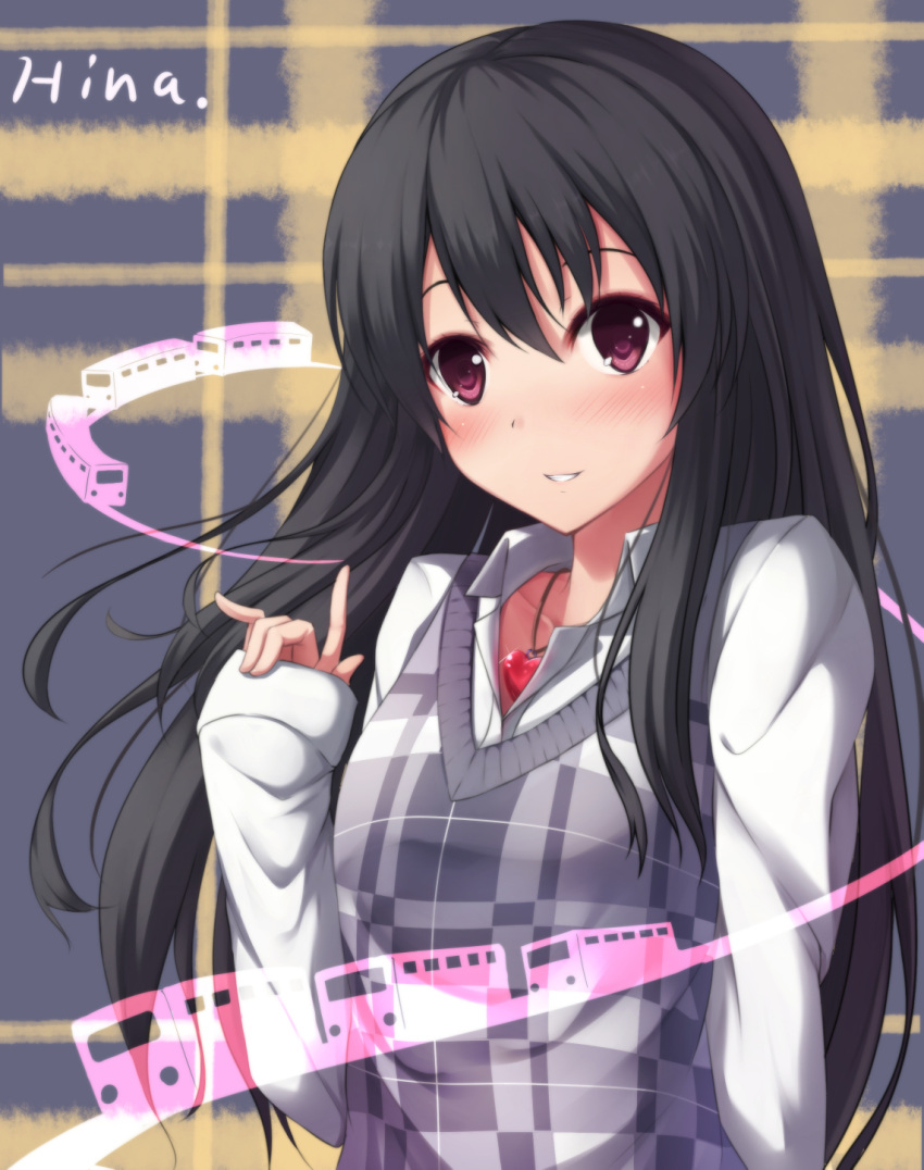 1girl black_hair blush borrowed_character character_name highres jewelry long_hair long_sleeves necklace nicoby original red_eyes shirt solo sweater_vest train white_shirt