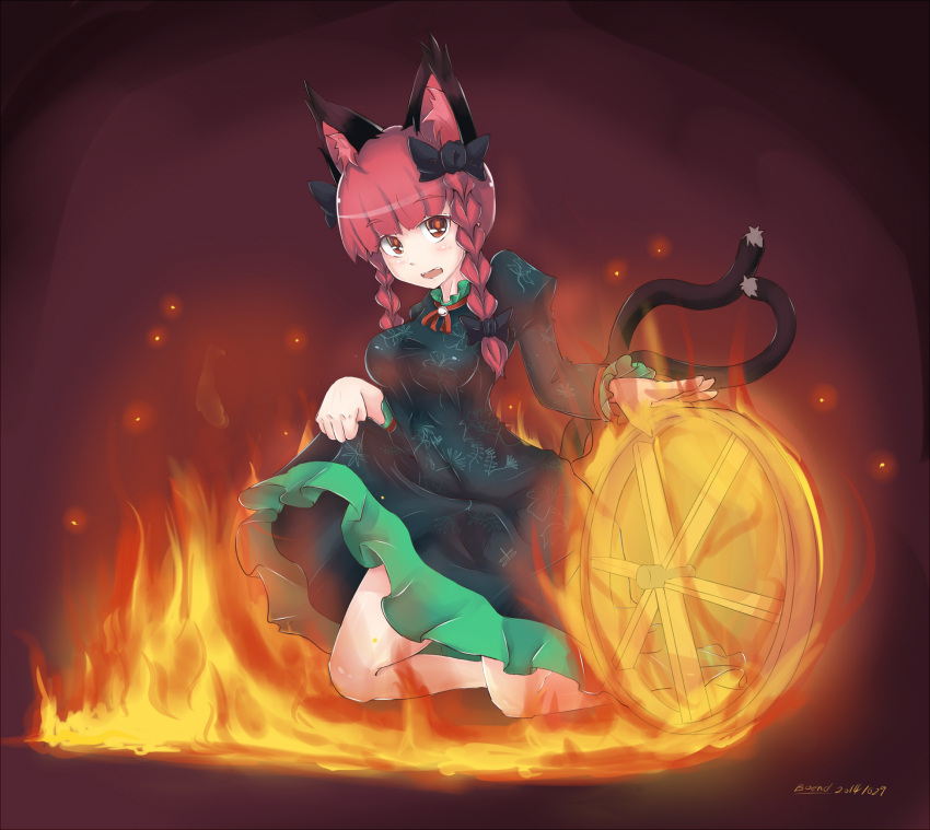 1girl 2014 animal_ears b.d bangs bell bow braid breasts cat_ears cat_tail dated dress dress_lift embers fire green_dress hair_bow highres juliet_sleeves kaenbyou_rin kneeling long_sleeves looking_at_viewer multiple_tails neck_ribbon open_mouth puffy_sleeves red_eyes redhead ribbon signature skirt_hold solo tail touhou twin_braids two_tails wheel