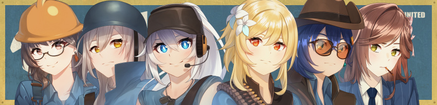 6+girls absurdres acrylicstroke belle_(zenless_zone_zero) blonde_hair blu_engineer_(tf2) blu_scout_(tf2) blu_sniper_(tf2) blu_soldier_(tf2) blu_spy_(tf2) blue_eyes blue_hair blue_jacket blue_necktie blue_shirt braid brown_eyes brown_hair brown_vest bullet bulletproof_vest cigarette closed_mouth collared_shirt commission commissioner_upload cosplay dog_tags earrings engineer engineer_(tf2) engineer_(tf2)_(cosplay) entropy_(honkai_impact) female_dreamseeker_(honkai_impact) flower formal_clothes genshin_impact glasses green_eyes grey_hair hair_flower hair_ornament hat headphones helmet highres honkai:_star_rail honkai_(series) honkai_impact_3rd jacket jewelry kiana_kaslana kiana_kaslana_(herrscher_of_flamescion) long_hair looking_at_viewer lumine_(genshin_impact) medium_hair mihoyo multiple_girls necktie non-web_source orange_eyes ponytail rosa_(tears_of_themis) scout_(tf2) scout_(tf2)_(cosplay) semi-rimless_eyewear shirt short_hair short_sleeves single_earring smile smoking sniper_(tf2) sniper_(tf2)_(cosplay) soldier_(tf2) soldier_(tf2)_(cosplay) spy_(tf2) spy_(tf2)_(cosplay) stelle_(honkai:_star_rail) striped_clothes striped_jacket sunglasses team_fortress_2 tears_of_themis trailblazer_(honkai:_star_rail) upper_body vertical-striped_clothes vertical-striped_jacket very_long_hair vest white_flower white_hair white_shirt wide_image yellow_eyes zenless_zone_zero