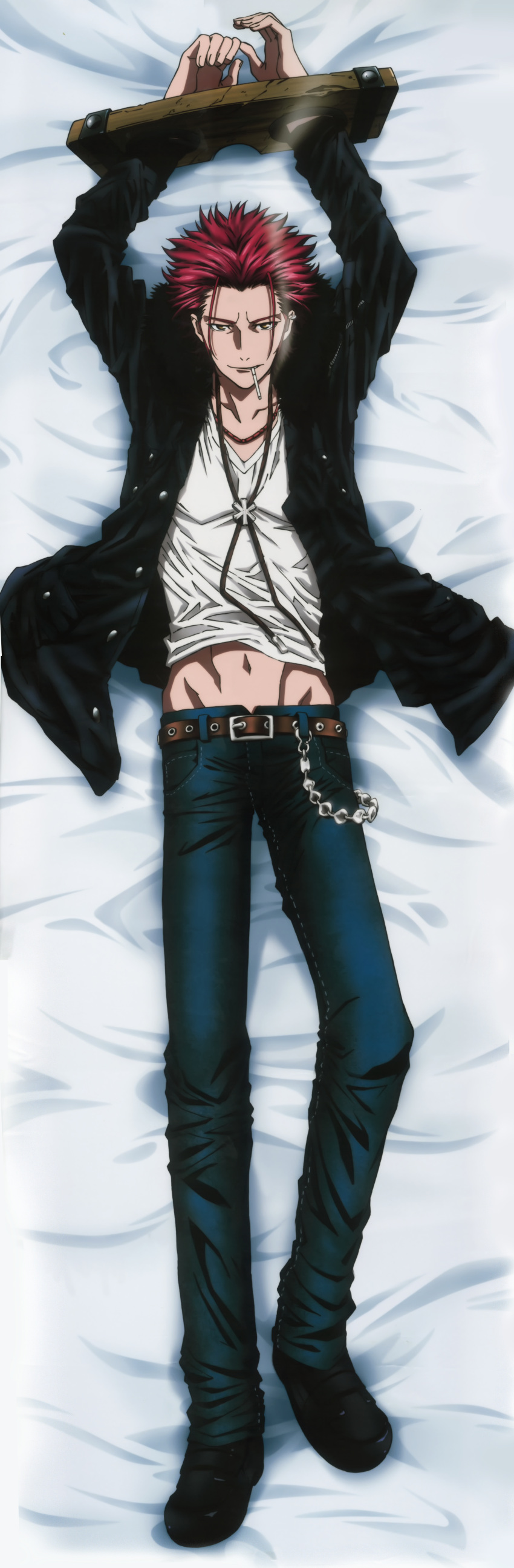 1boy absurdres brown_eyes chain dakimakura earrings highres jacket jewelry k_(anime) navel necklace open_clothes open_jacket pants redhead short_hair smile smoke suou_mikoto_(k)