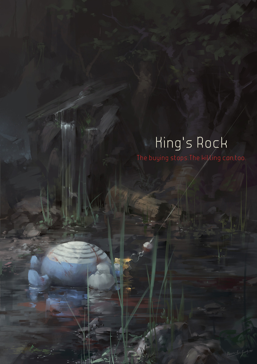 a-shacho blood death fishing_hook fishing_line forest highres injury king's_rock lying nature no_humans pokemon pokemon_(creature) poliwhirl realistic text trunk water waterfall wound