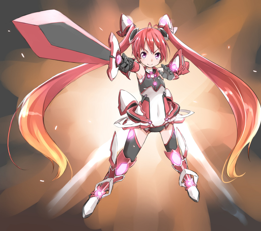 1girl absurdres armor black_legwear blonde_hair boots genderswap gloves gradient_hair highres knee_boots leotard long_hair mecha_musume multicolored_hair ore_twintail_ni_narimasu red_eyes redhead sekiraame smile solo sword tail_red thigh-highs twintails weapon