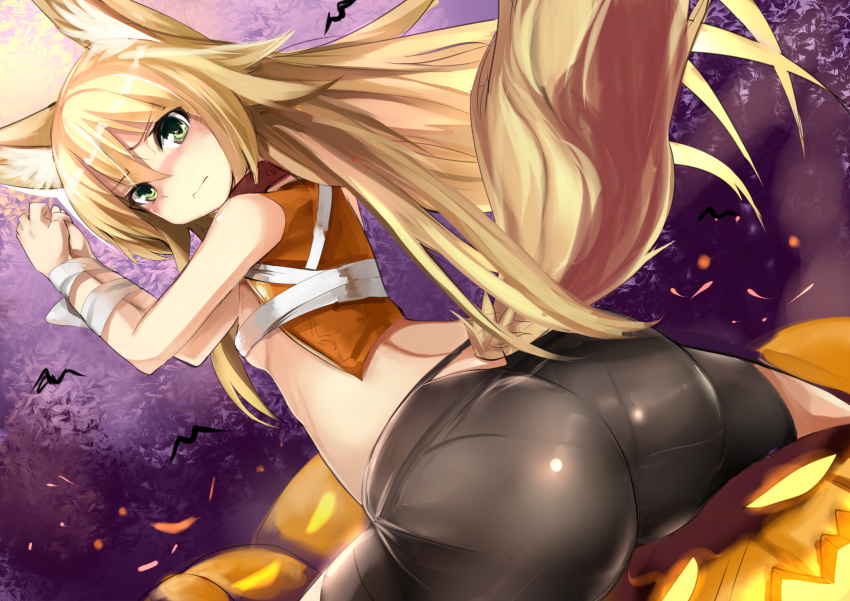 1girl animal_ears ass bat bike_shorts blush bound_arms fox_ears fox_tail from_behind green_eyes haik highres jack-o'-lantern kokonoe_tsubaki long_hair looking_at_viewer original sitting solo tail