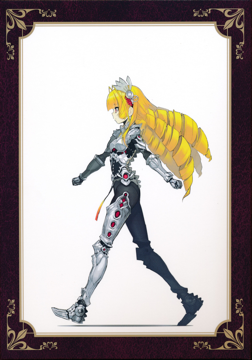absurdres alternate_costume armor blonde_hair drill_hair framed framed_image frederika_(hitsugi_no_chaika) from_side gauntlets hair_ornament highres hitsugi_no_chaika long_hair official_art pantyhose red_eyes scan small_breasts white_background