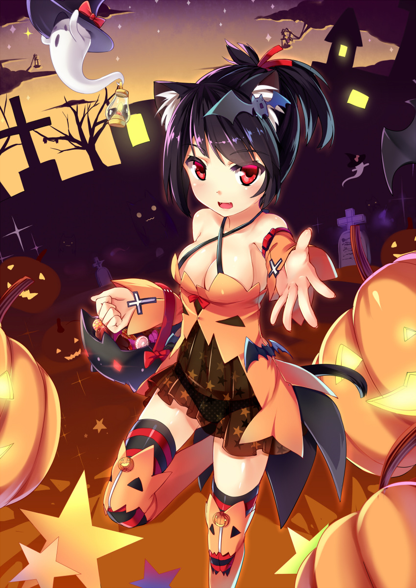 1girl absurdres animal_ears bare_shoulders basket bat_hair_ornament black_hair blush breasts candy cat_ears cat_tail cleavage cross detached_sleeves fangs ghost grave hair_ornament hair_ribbon halloween hat highres jack-o'-lantern kaede_(003591163) lantern large_breasts looking_at_viewer open_mouth original outstretched_hand panties polka_dot polka_dot_panties ponytail pumpkin ribbon see-through short_hair smile solo striped striped_legwear tail thigh-highs underwear witch_hat zettai_ryouiki