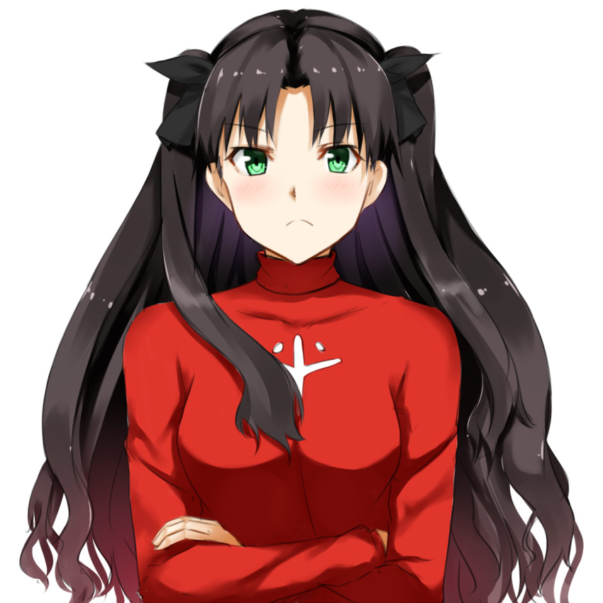 1girl black_hair blush crossed_arms fate/stay_night fate_(series) ffmania7 frown green_eyes highres solo tohsaka_rin toosaka_rin twintails two_side_up
