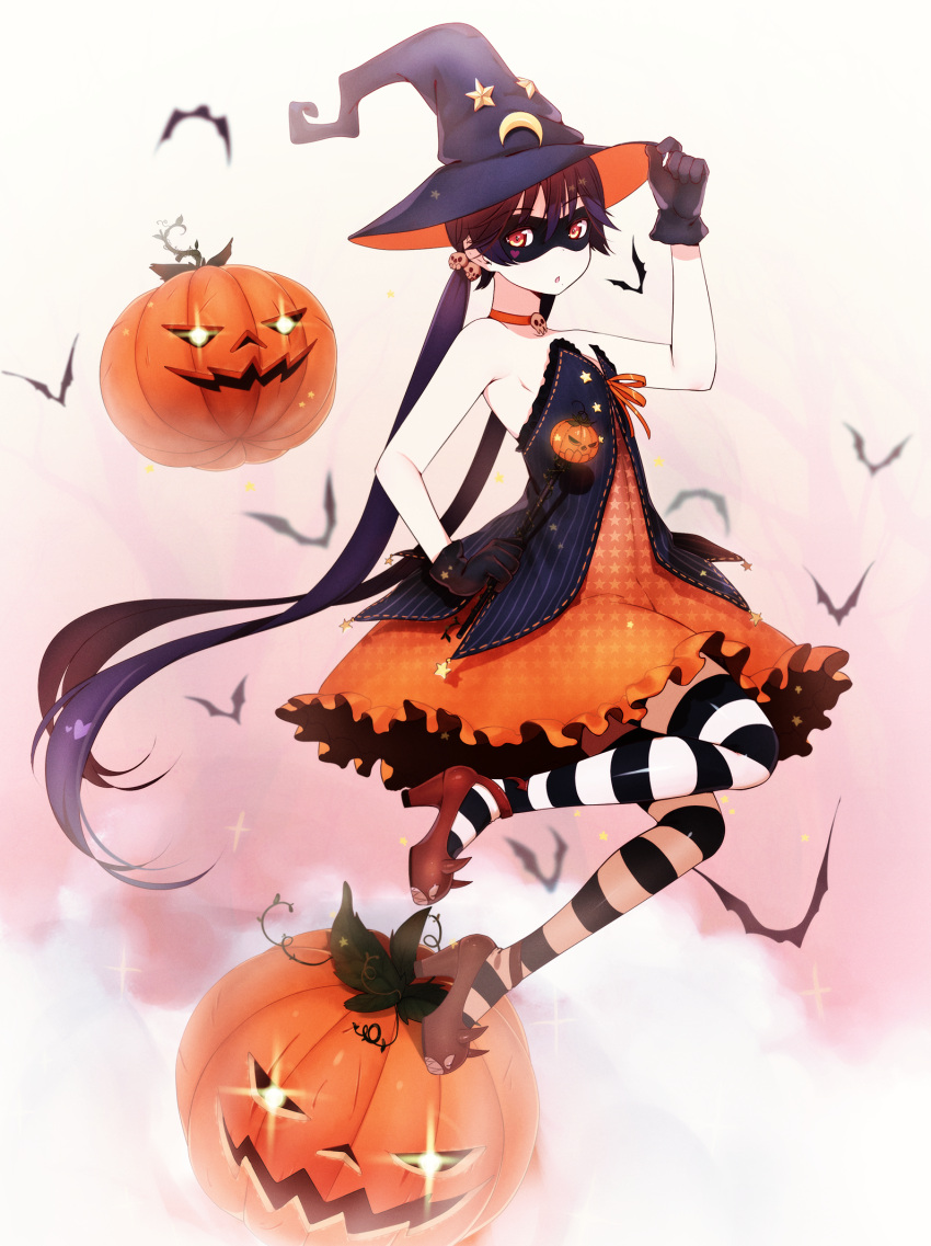 1girl bare_shoulders black_hair dress eventh7 gloves hat highres jack-o'-lantern long_hair mask original red_eyes strapless_dress striped striped_legwear thigh-highs twintails witch_hat